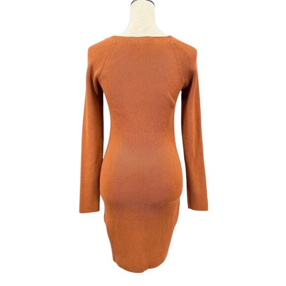 Hyfve Brown Ribbed Knit Sweetheart Neckline Bodycon Long Sleeve Fall Mini Dress - Picture 3 of 12